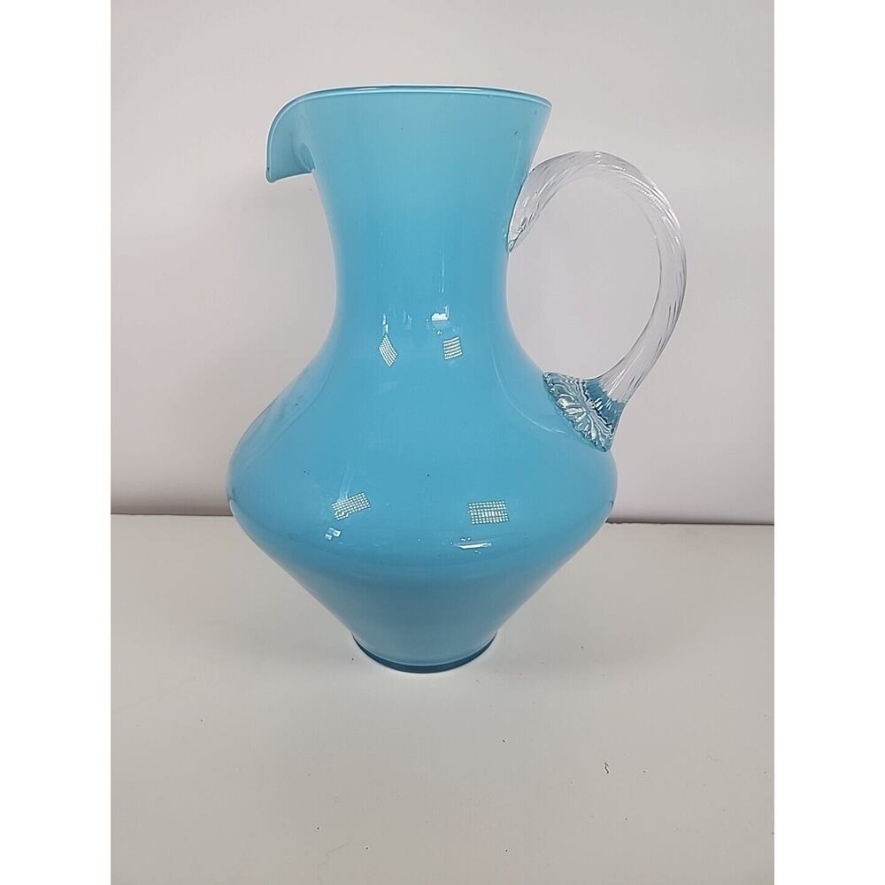 VINTAGE ART GLASS TORQUES BLUE HEAVY HAND MADE GLASS PITCHER W/CLEAR HANDLE